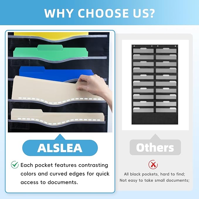 33 Pockets Hanging Wall File Organizer, Sturdy Legal/Letter Size Manila File Folders Organizer, Classroom Pocket Chart with 3 Writable Clear Pockets, 8 Wall/Door Hooks & 36 Labels (Black)