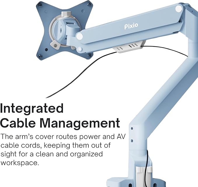 Pixio PS1S Wave Blue Single Monitor Arm Stand Desk Mount - Fits up to 32 inches Monitors and up to 19.8lbs. VESA Compatibility and Integrated Cable Management