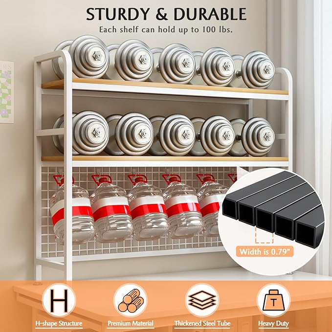 IOTXY 2-Tier Desktop Hutch Bookshelf - Metal Desk Shelf Bookcase with Grid Panel, Countertop Storage Organizer Rack for Dorm or Office, White, 45.3" W