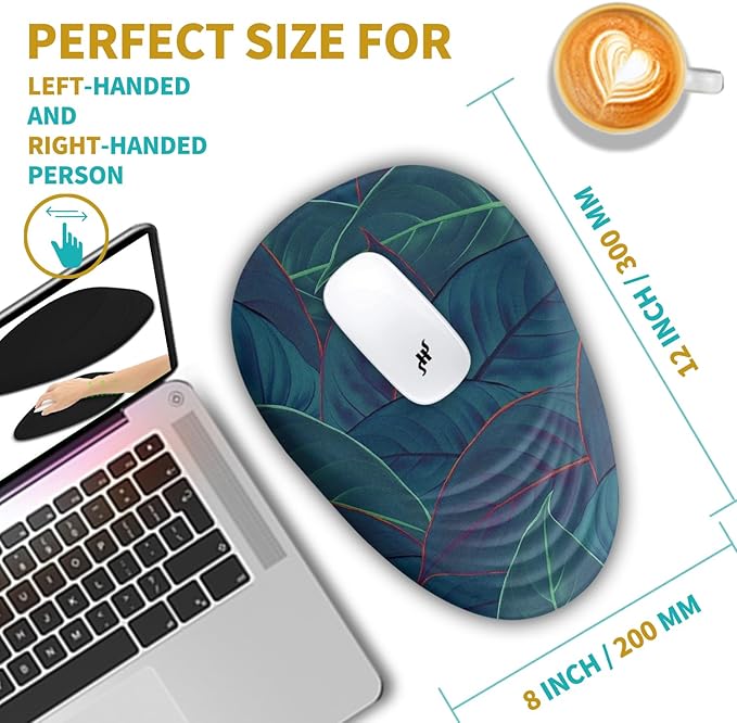 Hokafenle Ergonomic Mouse Pad Wrist Support with Stepped-Wedge Design, Wrist Rest Pain Relief Mousepad Filled with Memory Foam, Carpal Tunnel Mousepad for Wireless Mouse(12x8 inch, Green Leaves)