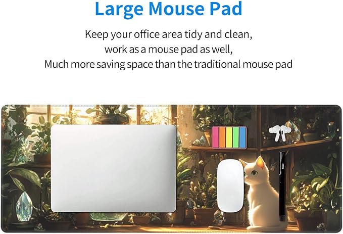 Cat Plant Mouse Pad 31.5 X 11.8 Inch Big Desk Rubber Base Stitched Edges Keyboard Pad XXL Mouse Mat for Home Game and Office