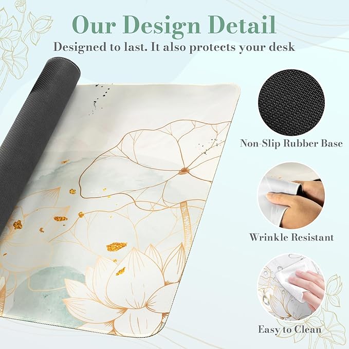 iCasso Desk Cover Mat, Extra Large Lotus Mouse Pad, Desk Pad Mat,Office Matt for Desktop Protector, Anti-Slip XXL Big Mousepad with Stitched Edges for Laptop Computer Keyboard(Green Lotus Leaf)