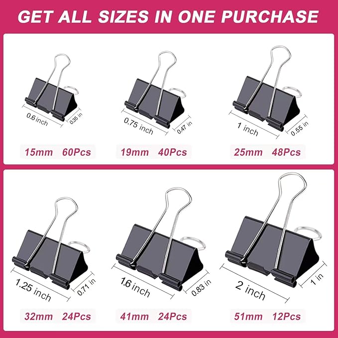 208 PCS Binder Clips Paper Clamps Assorted Sizes, Metal Paper Binder Clip, Black Binding Paperwork Clamp Bulk, Office Supplies for School Teachers