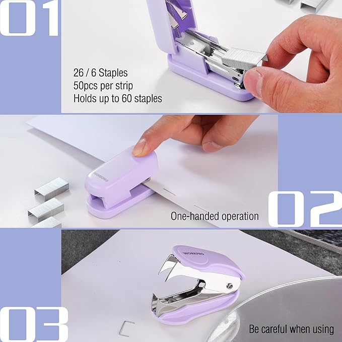 WORKPRO Small Stapler with Staples, Purple Stapler Set Includes Two Mini Staplers, One Staple Remover, 2000 Standard Staples - Cute Staplers for Desk with Non-Slip Base, Lock Design, Colorful