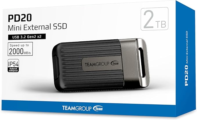 TEAMGROUP PD20 2TB Portable External Solid State Drive SSD Read up to 2000MB/s USB 3.2 Gen2x2 Type-C Waterproof Dustproof IP54 TPSEG5002T0C102