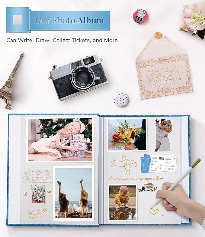 Photo Album Self Adhesive Scrapbook Album for 3x5 4x6 5x7 8x10 Pictures,60 Pages Linen Cover with Display Window DIY Photo Book,Ideal Gifts for Family Travel Wedding Baby