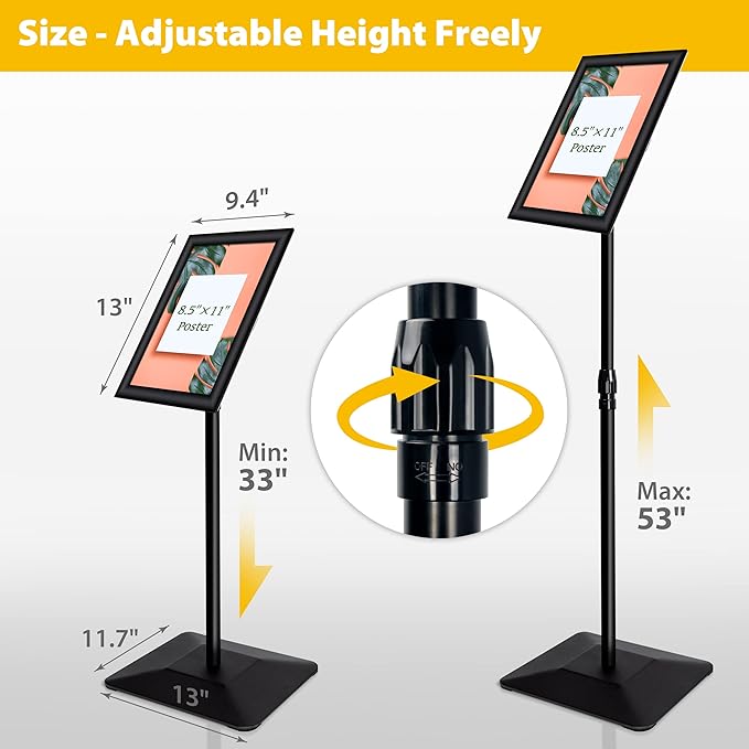 3 Packs Heavy Duty Pedestal Poster Sign Stand, 8.5"x11" Adjustable Floor Standing Sign Holder with 6.6Lbs Solid Steel Base for Vertical and Horizontal View Sign Displayed Stands, Black