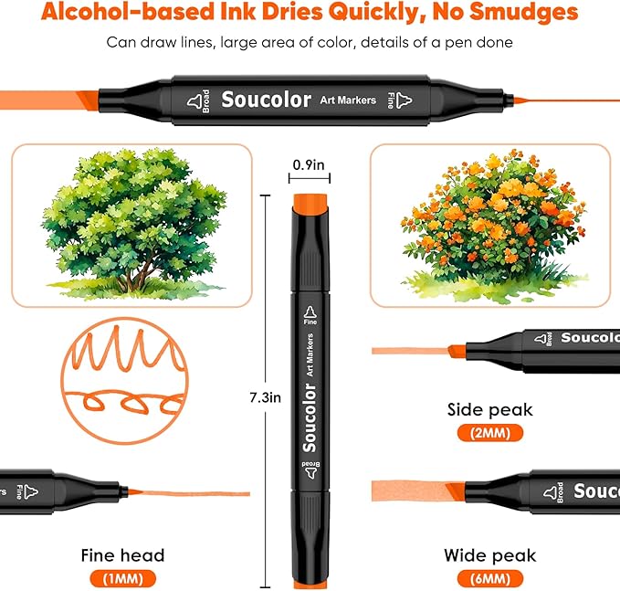 Soucolor Alcohol Markers Set, 60 Colors Dual Tip Art Alcohol Markers, School Office Teacher Supplies for Kids and Adults Coloring Drawing Sketching Book Painting Card Making Illustration