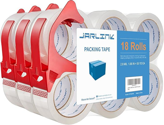 JARLINK 18 Rolls Clear Packing Tape with 3 Dispensers, Heavy Duty Packaging Tape Refills for Shipping Packaging Mailing, 2.8mil Thicker, 1.88 inches Wide, 55 Yards Per Roll, 990 Total Yards