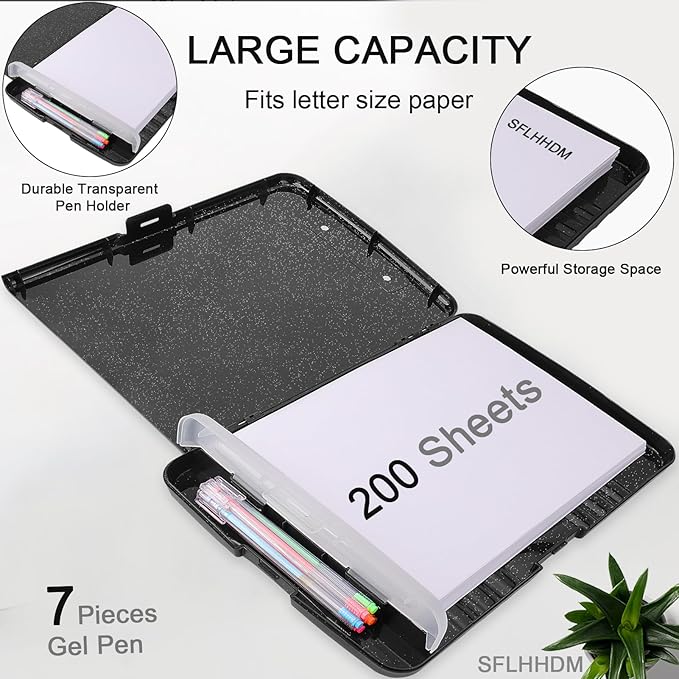 Glitter Clipboard with Storage,Storage Clipboard with Pen Holder,A4 Binder Clip Boards 8.5x11 with Low Profile Clip,Side Opening Sparkle Clipboards, Clipboards Folder for Office Supplies-Starry Black