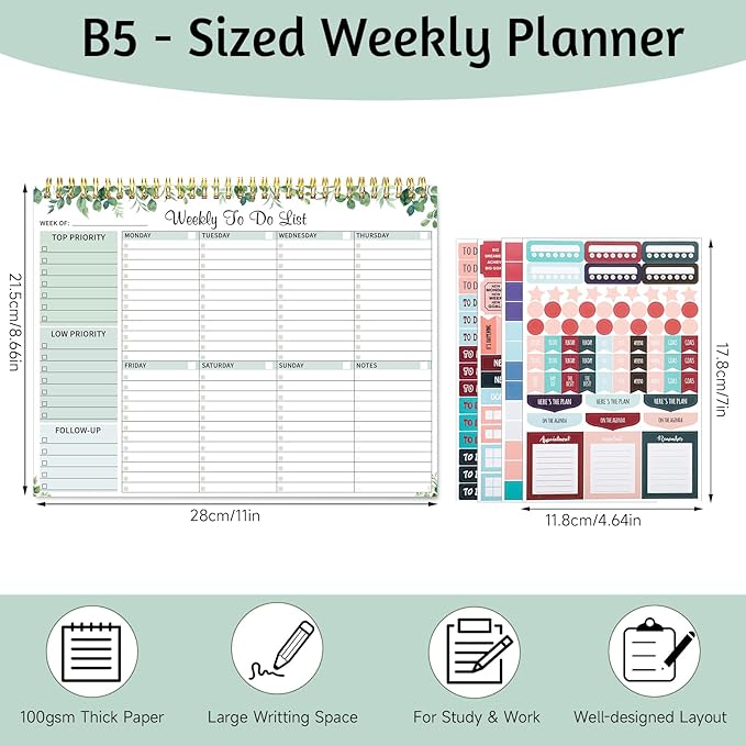 Thboxes 52 Sheets Weekly To Do List Notepad, 8.5" x 11" Efficiently Plan Weekly Task List Notepad for Student Work Home Office School Improve Focus and Efficiency Weekly Planner Green