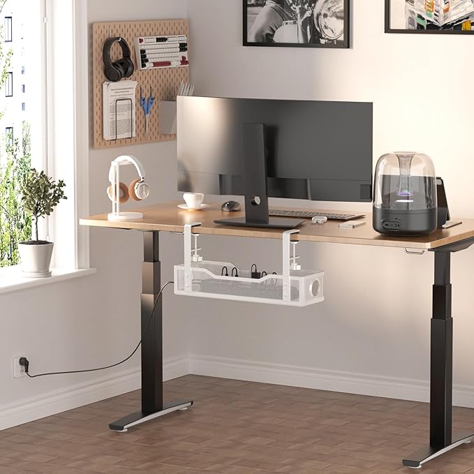 Under Desk Cable Management Large, Cinati 16" Cable Management Box for Table Thickness up to 3", Wire Cord Organizer with Clamp No Drill, No Damage to Desk (White)