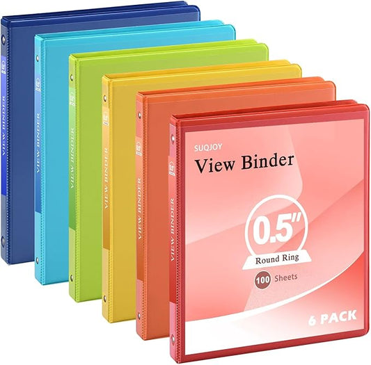 1/2 inch 3-Ring Binder, 0.5-inch Round Ring Binder with 2 Inside Pockets, Clear View Cover Binders Holds 8.5'' x 11''Paper for Office/Home/School Supply, 6 Pack (Assorted 6 Colors)