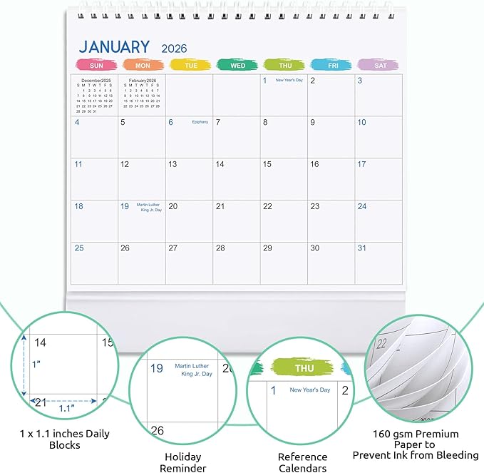 SKYDUE Desk Calendar 2025-2026, May 2025 to Dec 2026, 20 Months Small Desk Calendar with Planner Stickers, 8.5" x 7" Desktop Calendar Planner, Rainbow