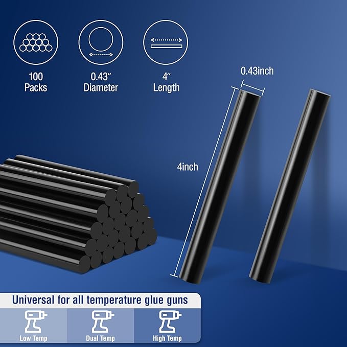 WORKPRO Hot Glue Sticks Full Size, 100-Pack Black Hot Melt Adhesive Glue Sticks for All-Temp Glue Guns, 0.43x4Inches, Multipurpose for Art Craft General Repairs, Home Decorations and Gluing Projects