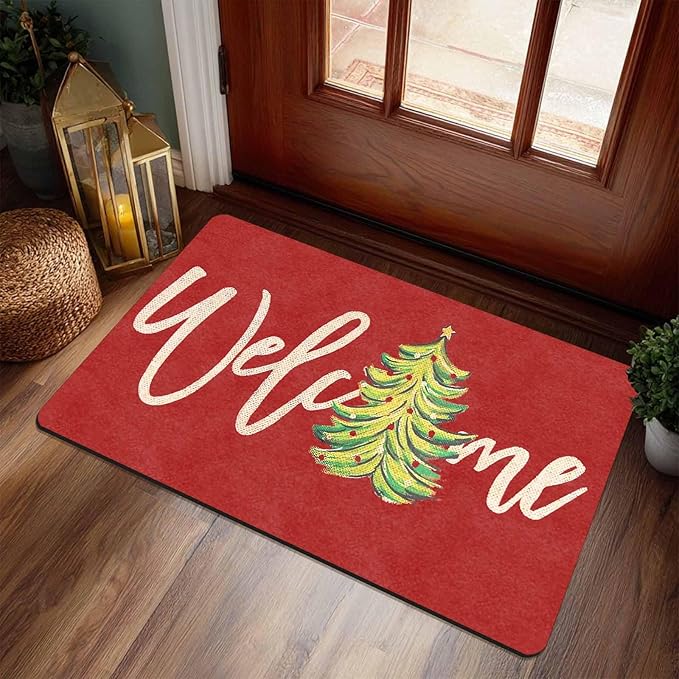 Christmas Welcome Tree Door Mat Merry Christmas Doormat Indoor Outdoor Entrance Floor Rug Non Slip Winter Decor Rubber Welcome Mats, 18" x 30"Inch