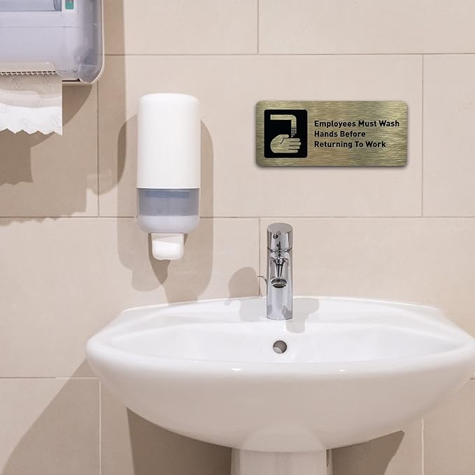 Employees Must Wash Hands Before Returning to Work Sign - Includes Adhesive Strips - Bathroom Sign, Bathroom Signs for Business, Restroom Signs for Business - 7"W x 3"H (Brushed Gold) - Made in USA
