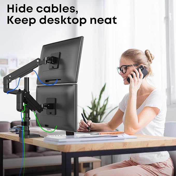 PUTORSEN 17-49 inch Premium Aluminum Heavy Duty Dual Monitor Arm for Ultrawide Screens up to 44lbs, Vertical Stacked Dual Monitor Desk Mount, Full Motion Dual Vertical Monitor Mount, VESA 75/100,Black