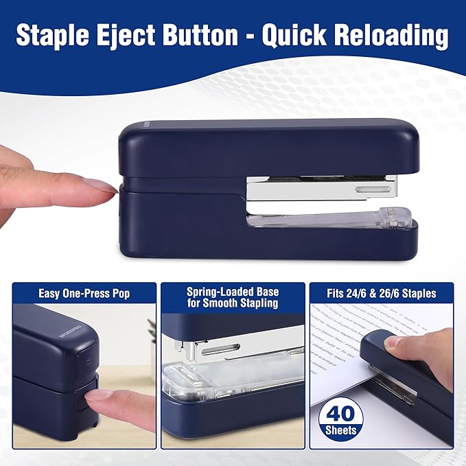 WORKPRO 2-in-1 Stapler with Staples & Staple Remover, 40 Sheet Capacity, Flat Clinch Design, Storage Space, Includes 2000 Standard Staples - Non-Slip Office Stapler for Desk, Classroom, Dark Blue