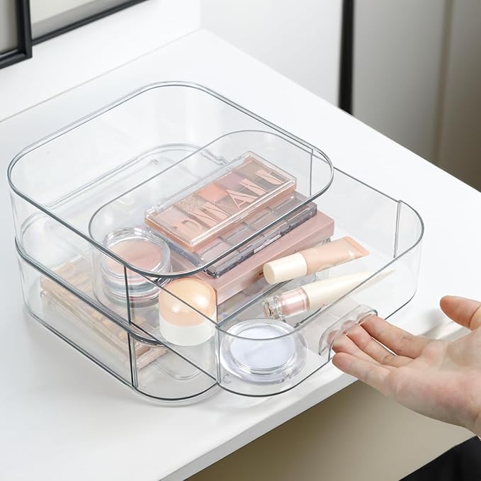 Set of 2 Stackable Storage Drawers - 7.8" Clear Plastic Drawer Storage, Acrylic Makeup Organizer, Desk Counter Cabinet Office Organizer, Bathroom Organizers and Storage (Square/Set of 2)