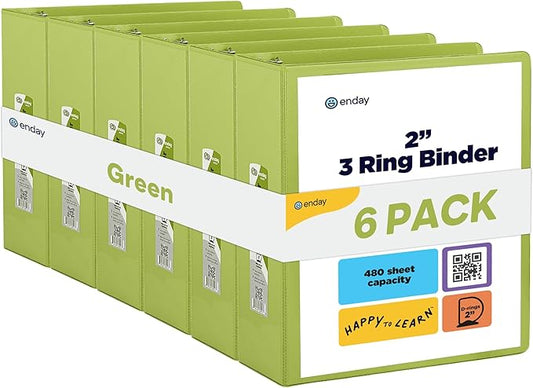 3 Slant D-Ring Binder 2 Inch Binder Green, 2 in Clear View Cover w/ 2 Inside Pockets, Heavy Duty Colored School Supplies Binders Also Available in Blue, Pink, Red, Grey, Purple (6 PC)–by Enday