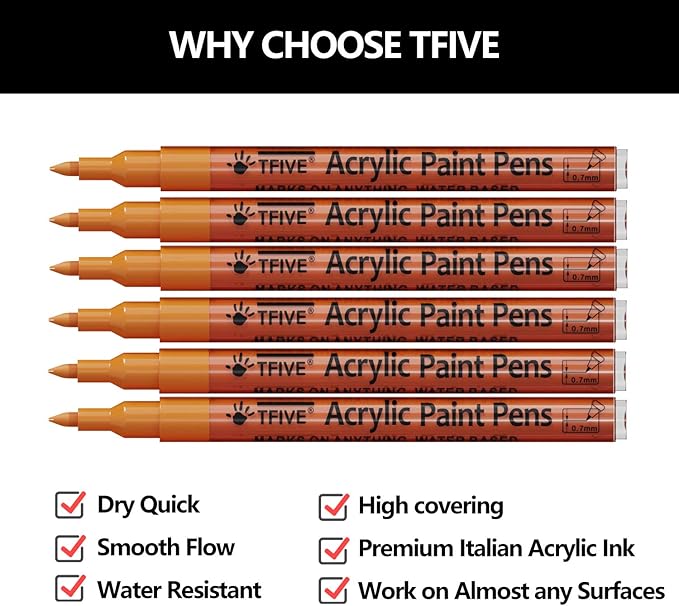 Orange Marker Paint Pens - 6 Pack Acrylic Orange Permanent Marker, 0.7mm Extra Fine Tip Paint Pen for Art Projects, Drawing, Rock Painting, Ceramic, Glass, Wood, Plastic, Metal, Canvas DIY Crafts