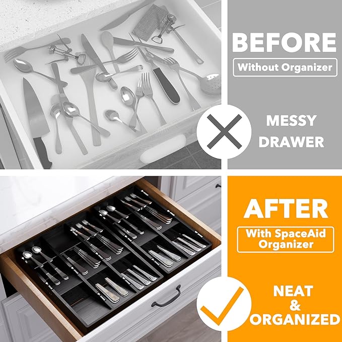 SpaceAid Bamboo Silverware Drawer Organizer with Labels, Kitchen Utensil Tray Holder Organizer for Flatware, Cutlery, Spoon and Knives Drawer Storage Organization (Black, 6 Slots)