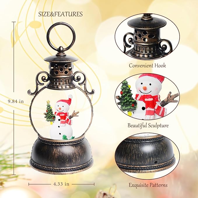 Christmas Snow Globes, Snowman and Christmas Tree Christmas Lantern with 8 Songs, 6H Timer Battery & USB Powered Glitter Music Box for Christmas Table Decorations Holiday