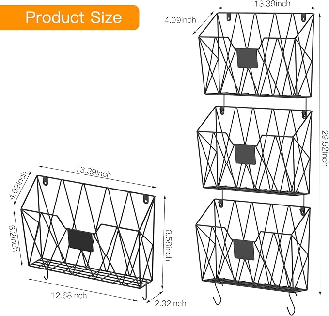 YBING Wall File Organizer Mesh Hanging Wall-mount Files Holder 6 Pack Hanging Wire Magazine Rack and Mail Holder with Hooks Office Wall Organizer for Papers Folders Files Clipboard Black