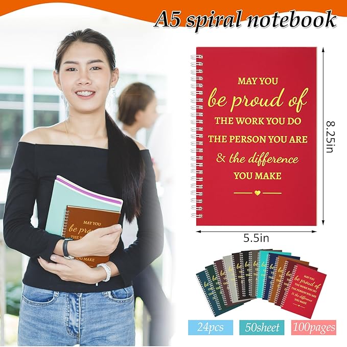 Colarr 24 Pcs A5 Inspirational Spiral Notebook Bulk Appreciation Gift 6x8 Inch Motivational Notepad 100 Page/50sheet Lined College Ruled Journal for Employee Coworker Teacher Nurse (Dark Colors)