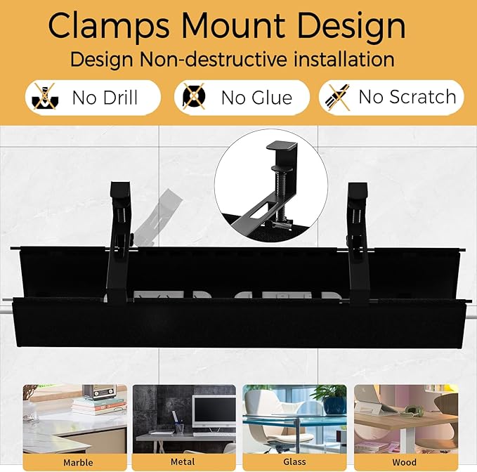 Under Desk Cable Management Tray 27.2" - No Drill Computer Wire Organizer Cable Tray, Cord Hider Clamp Mount with 16X Cable Ties PC Cables Management Cord Holder for Office/Home (Upgrade Fabric,Black)