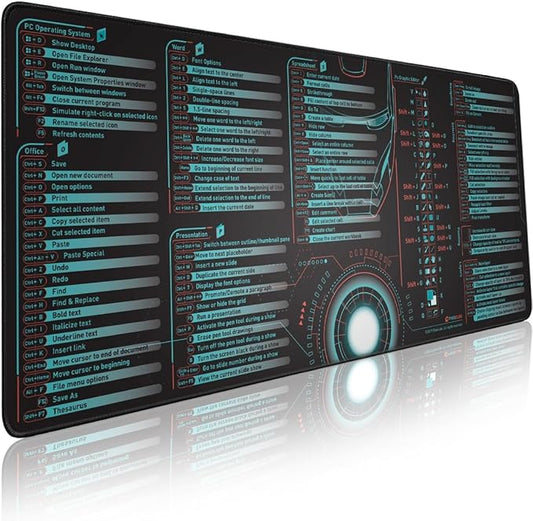 Windows, Office, Excel, Adobe Photoshop Shortcut Keys Extended Large Mouse Pad | Gaming Desk Mat for PC. Stitched Edge Non-Slip Base Mousepad, Keyboard Mat