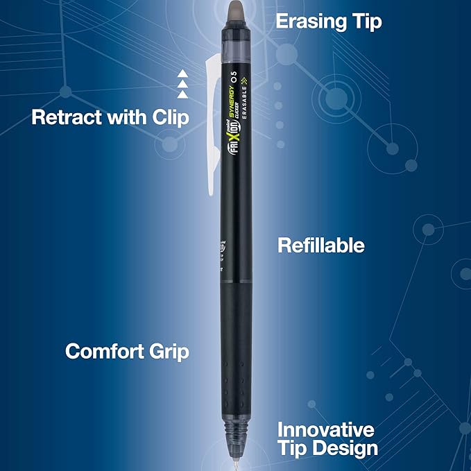 Pilot, FriXion Synergy Clicker Erasable, Refillable, Retractable Gel Ink Pens, Extra Fine Point 0.5 mm, Pack of 8, Black