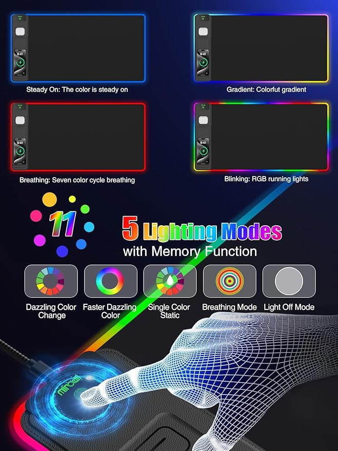 Mouse Pad with Foldable Phone Holder & Wireless Charger, XXL RGB Gaming Mousepad 31.5"x15.8" Large Desk Mat for Keyboard, Black Desk Pad with Dual Qi Charging Station | 11 Colors 5 Modes | Waterproof