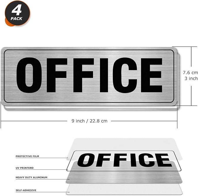Office Sign Aluminum Silver 9 x 3 Inches Self-Adhesive Waterproof Metal Door Wall Sign for Business Offices 4 Pack