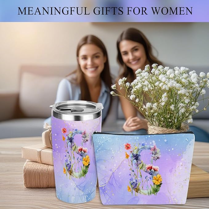 Personalized Gifts for Women Monogrammed Birthday Gifts for Women, Wife Girlfriend Christmas, Initial 20 oz Tumbler, Makeup Cosmetic Bag Cup Pens Journal Notebook 6 Set, (Aesthetic Purple Flower S)