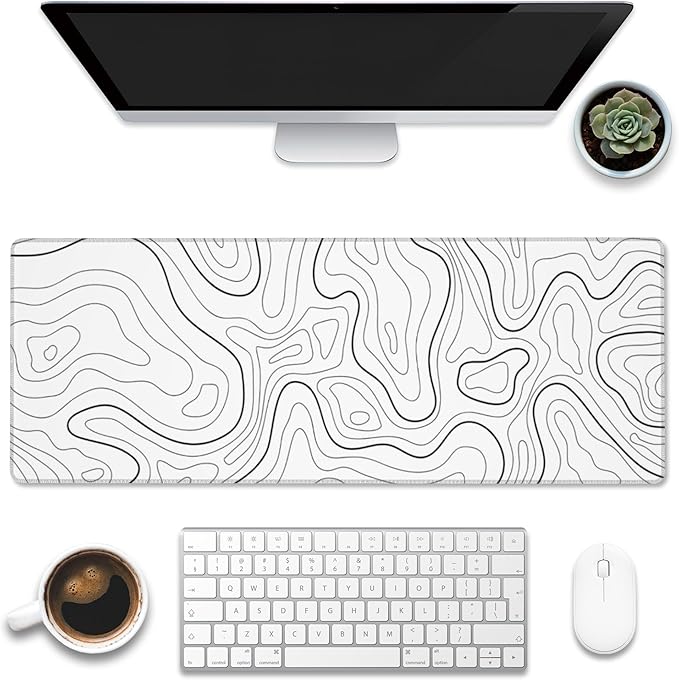 Desk Mat,White Topographic Contour Map Desk Pad,Topographic Contour Large Gaming Mouse Pad for Desk,Extended Big Computer Keyboard Mouse Pad with Non-Slip Base and Stitched Edge,31.5"x11.8"