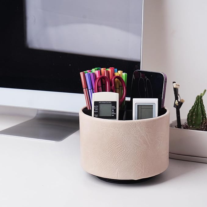 Hennaja Round Leather Art Supply Organizer,Remote Control Holder,360 Degree Spinning,Multi-Functional Pencil Holder,4 Compartments Desktop Stationary Organizer(1-Crazy White)