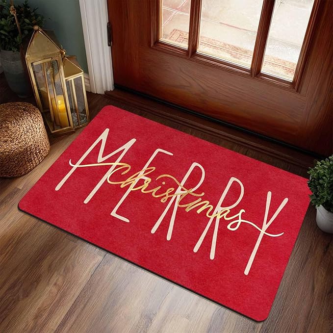 Christmas Door Mat Entrance Front Porch Rugs Red Gold Merry Christmas Doormat Non-Slip Rug Welcome Mat for Entrance Indoor Home Bathroom Floor Decoration, 18" x 30"Inch