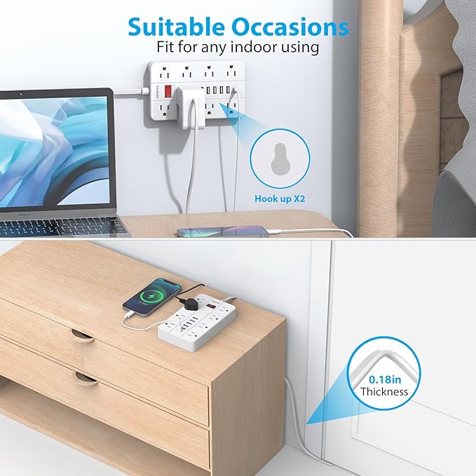Power Strip Surge Protector, SMNICE Flat Plug Long Extension Cord 10 Ft with 8 Widely Spaced Outlets 6USB(1 USB C) Charging Station, Wall Mount for Dorm Home, Office Accessories,White