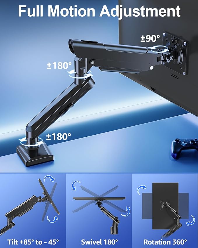Single Monitor Mount for 22 24 27 32 inch Screen, Gas Spring Arm Holds 4.4-22 lbs, Monitor Desk Mount, Gaming & Home Office Use, VESA 75x75mm & 100x100mm, Freelift Pro Black