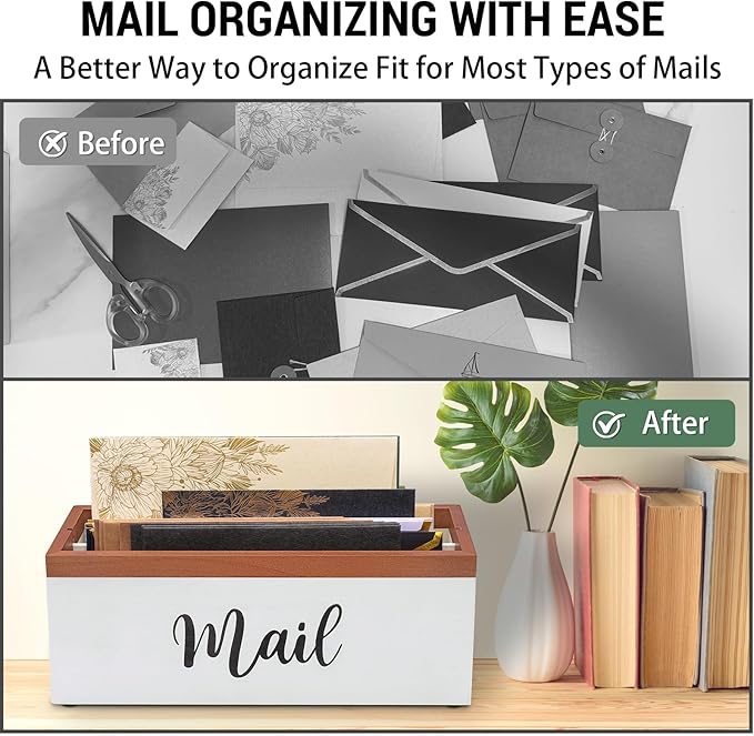 100% Real Wood Mail Organizer for Countertop, Dual-Sided Mail Script Design, Mail Holder for Office, Desk, Entryway Table, Rustic Farmhouse Style, Great Home Decor Gifts