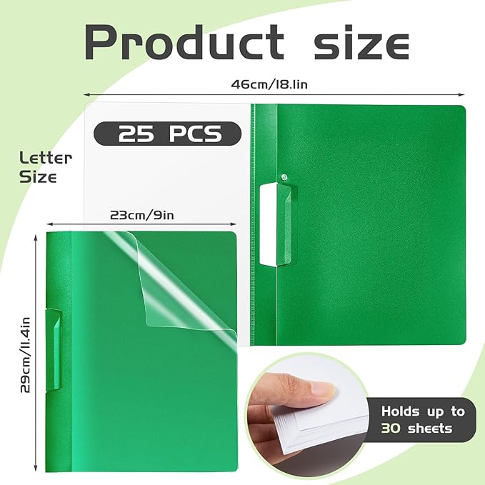 Maitys 25 Pack Clear Report Covers with Clip 11.4 x 9 Inch Presentation Folders Transparent Front Cover Portfolio Folder Resume Folder Interview Report Folders for Letter Size(Green)