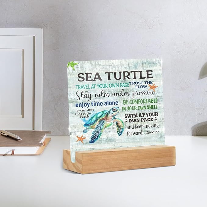 Sea Turtle Decor Desk Acrylic Sign 4x4 inch, Beach Decorations for Home Bedroom Bathroom, Inspirational Gifts for Women Men Coworkers, Mental Health Table Top Shelf Gadgets Cubicle Accessories
