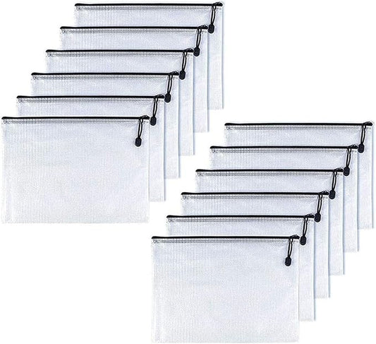 Oaimyy-B5(7"x 11",12 Pcs) Plastic Mesh Zipper Pouch Document Folders Bag & Zip File Folders for School Office Supplies, Travel,Puzzles Games Organizing Storage-Black