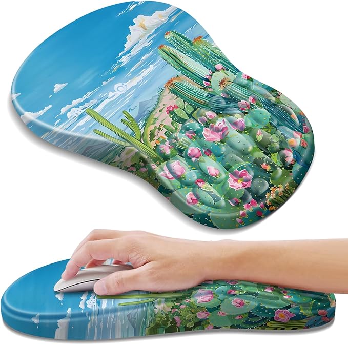 YIWEI Ergonomic Mouse Pad with Wrist Rest Support, Mousepad with Comfortable Memory Foam Wrist Rest and Non-Slip PU Base for Pain Relief, Computer, Laptop, Office, Home (Cactus)
