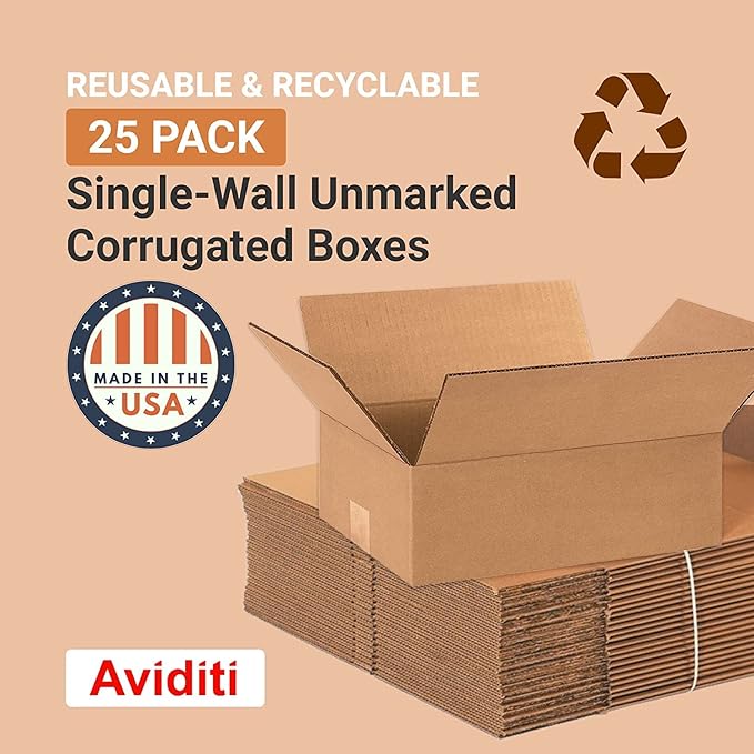 AVIDITI Shipping Boxes 12"L x 9"W x 4"H, 25-Pack | Small to Medium Corrugated Cardboard Box for Shoes, Moving, Mailing, Packing and Storage 12x9x4