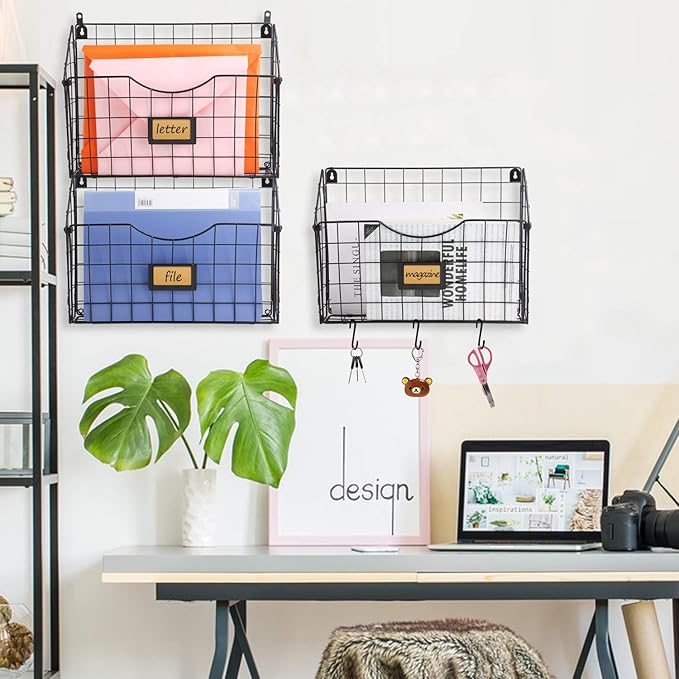 X-cosrack 3-Tier Hanging Wall Files Rack with Door Hooks and 6pcs S Shape Hooks, Over the Door File Organizer &Mounts on Wall Metal Folder, with Tag Slot Great for Office Home and Work- Black