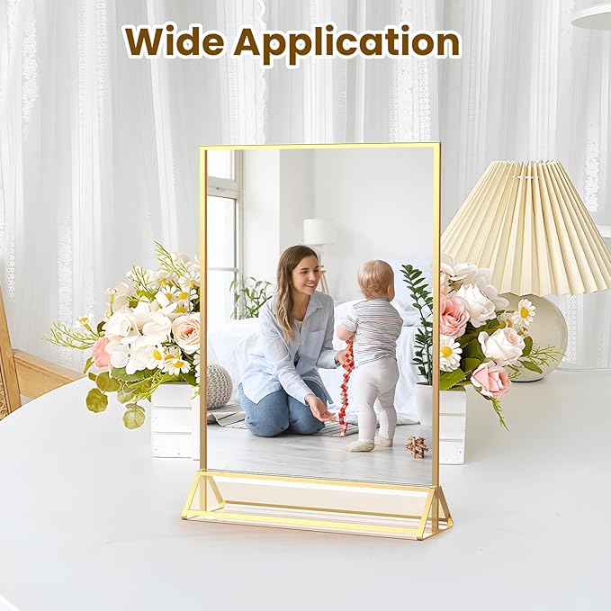 Gold Frames 5X7 Acrylic Sign Holder Tabletop Gold Picture Frames for Wedding Table Numbers Menu Holder Diaplay Stand Flyer Holder with Double-Sided Sticky Dots-6 Pack