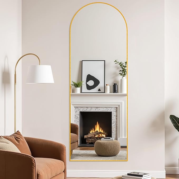 Simple Deluxe Arched Mirror Full Length, 59"x16", Body Wall Mirror with Shatter-Proof Glass, Gold Aluminum Frame, Floor-Standing, Wall-Mounted, Leaning